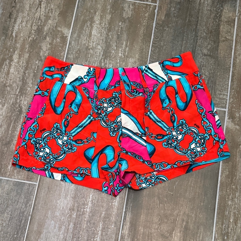 Hale Bob Vibrant Red and Pink Silk High Waist Shorts